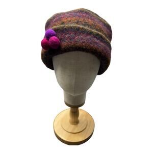 AnnieO Purple Striped Remodeled Wool Felt Pom Pom Accent Beanie Cap